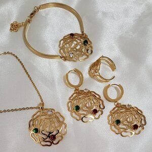 Gold Plated Stainless Steel Jewelry Set Necklace Bracelet Earrings Ring Size 8